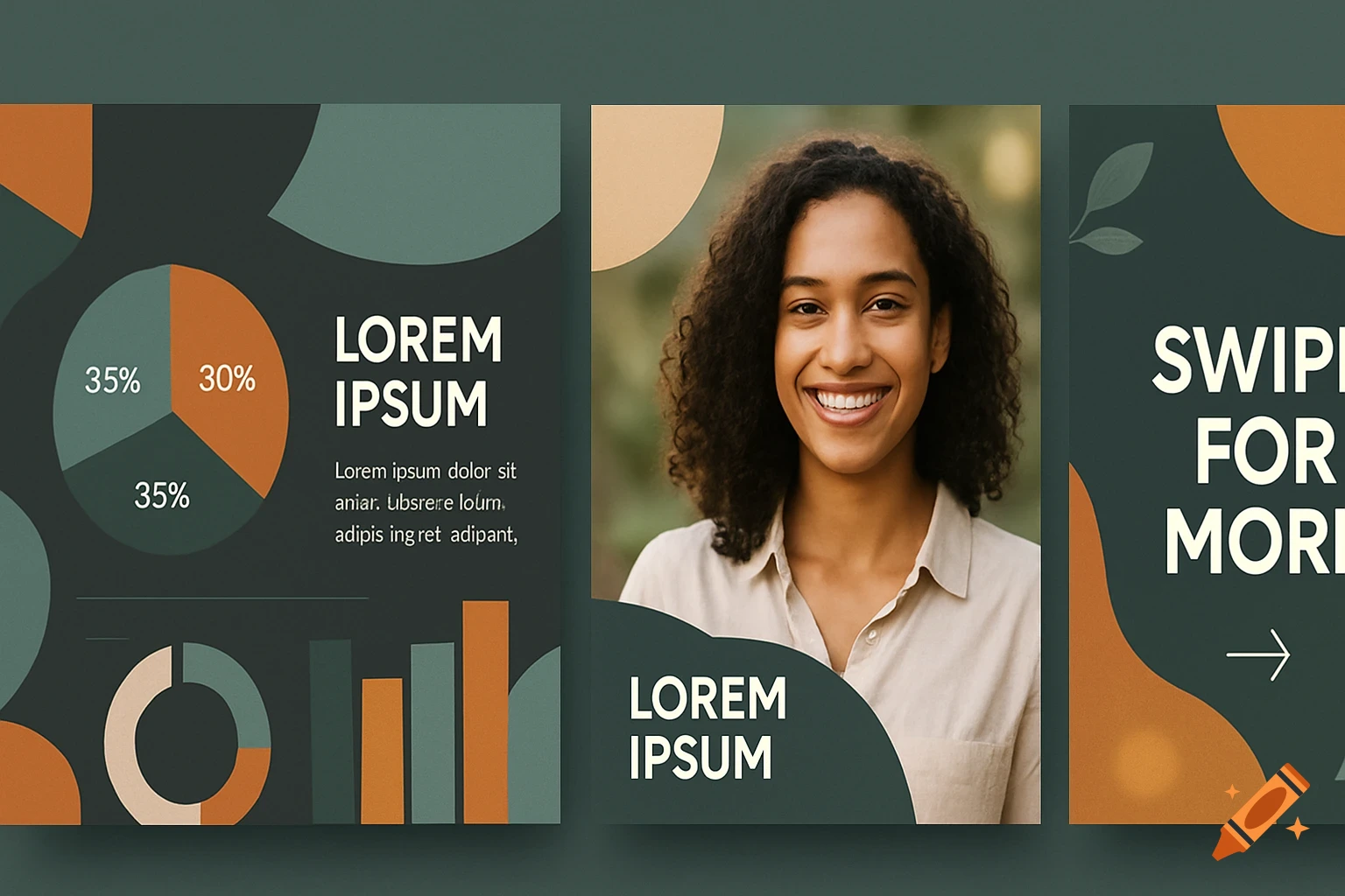 An Instagram carousel showing three slides: data charts with "LOREM IPSUM" text, a smiling woman, and "SWIPE FOR MORE" text.