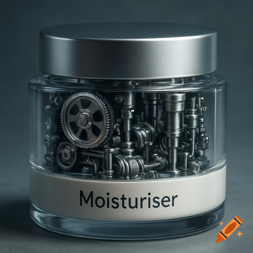 A clear cosmetic jar filled with intricate silver industrial machinery, labeled "Moisturiser" on the front, against a dark background.