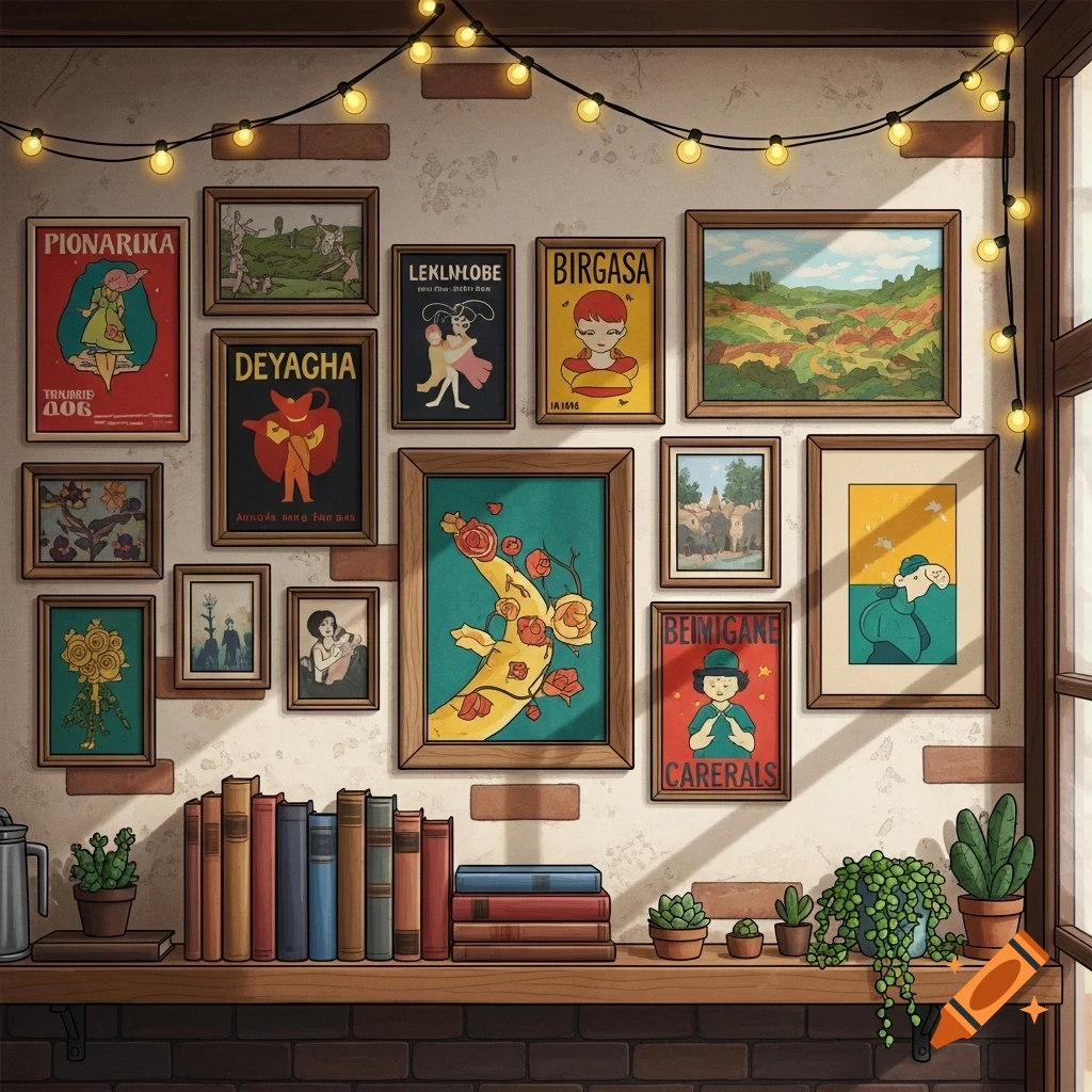 A cozy illustrated wall in a cafe setting, adorned with various framed artworks, string lights, books, and potted plants on a wooden shelf.