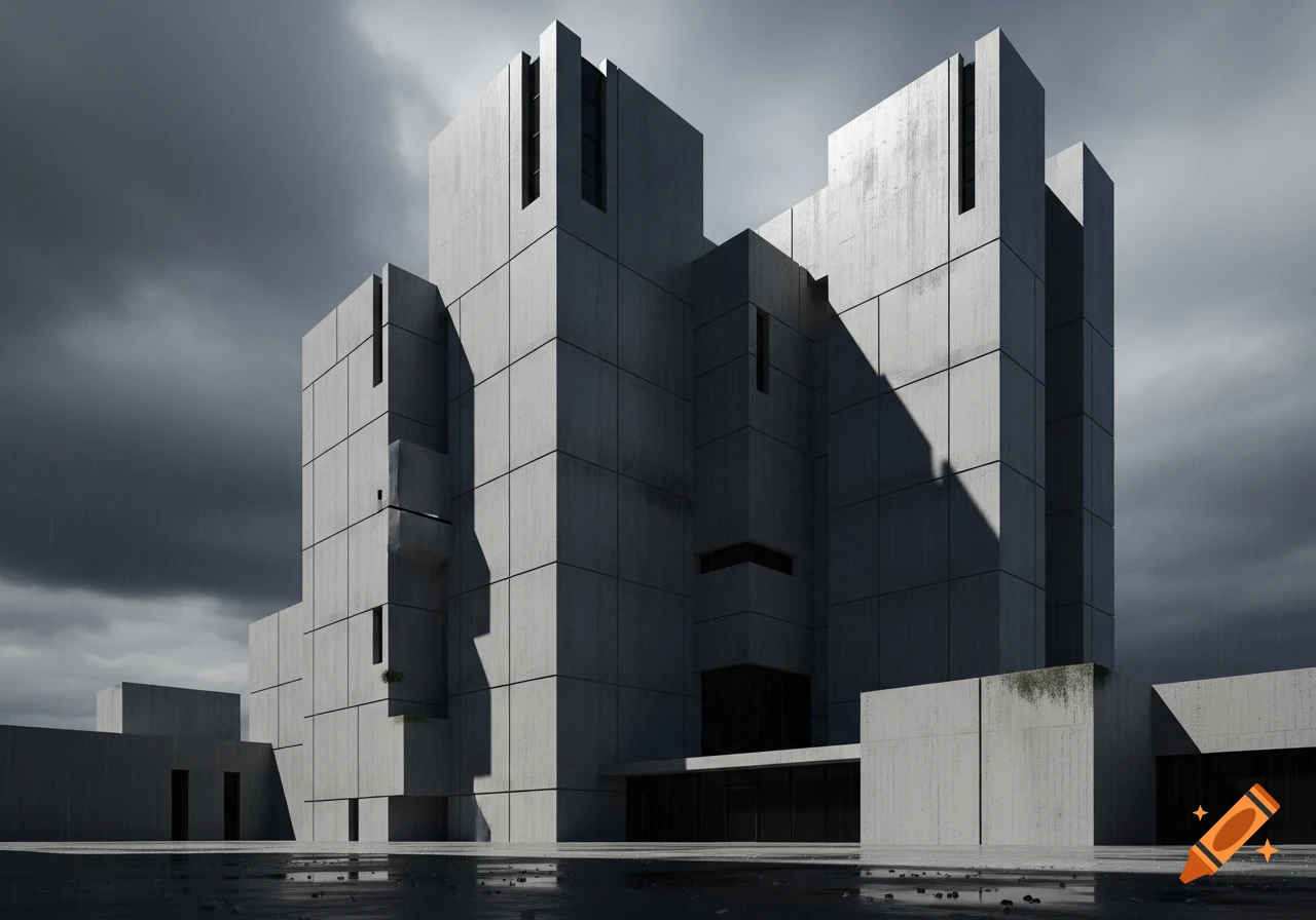 A large concrete brutalist building with sharp corners, featuring a severe, blocky design, under a dramatic stormy sky.
