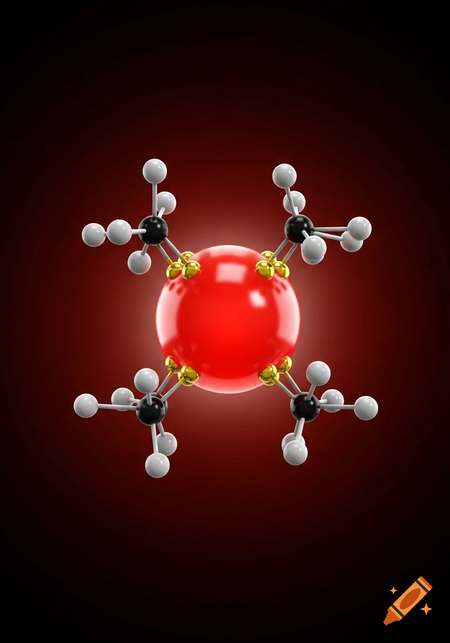 A 3D scientific rendering of a bright red, glossy quantum dot with a glowing halo, surrounded by white and black molecular structures with gold atoms, on a dark red background.