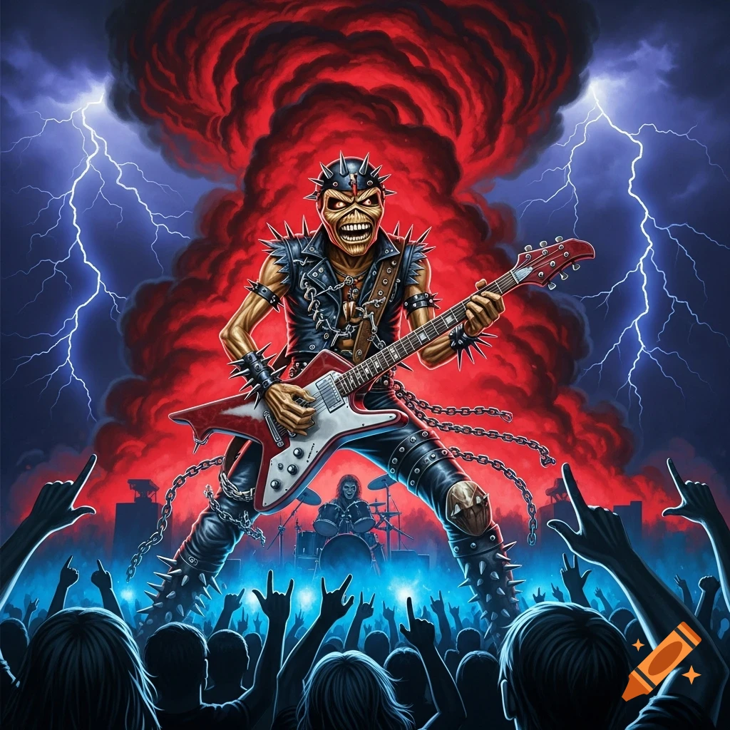 Iron Maiden's skeletal mascot, Eddie, plays an electric guitar on stage, backed by red smoke and lightning, before a cheering crowd making rock gestures.