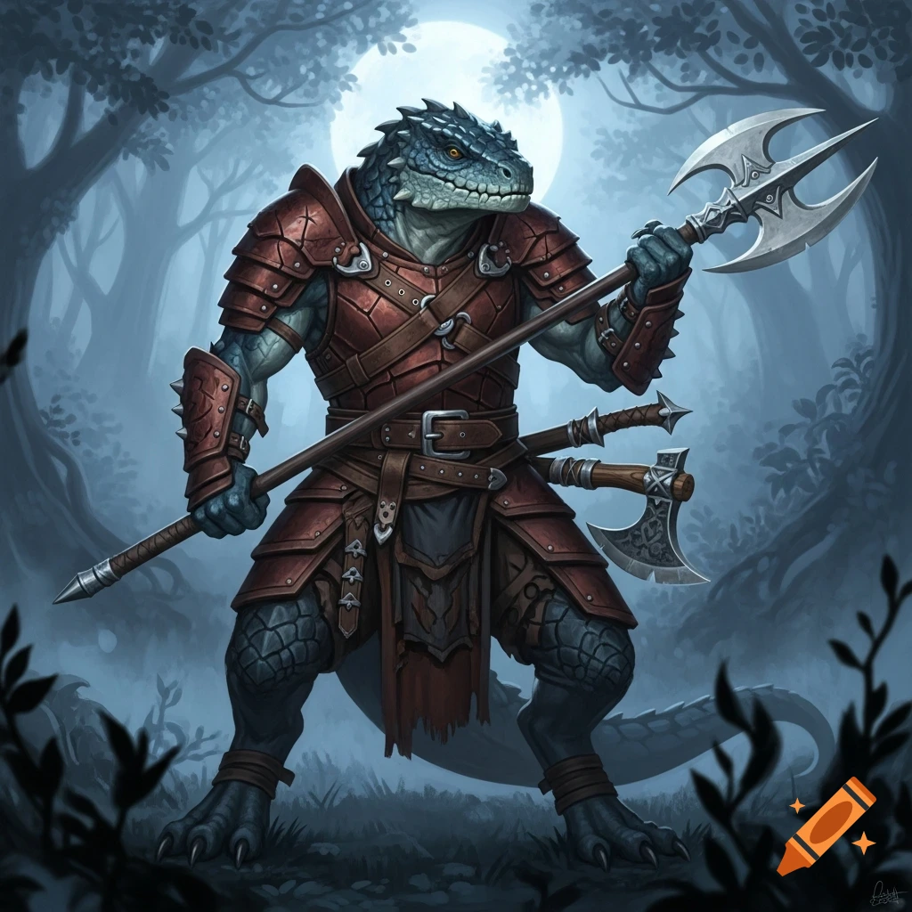 A powerful lizardman warrior in leather armor holds a double-bladed polearm in a moonlit forest. Two axes hang from his belt.