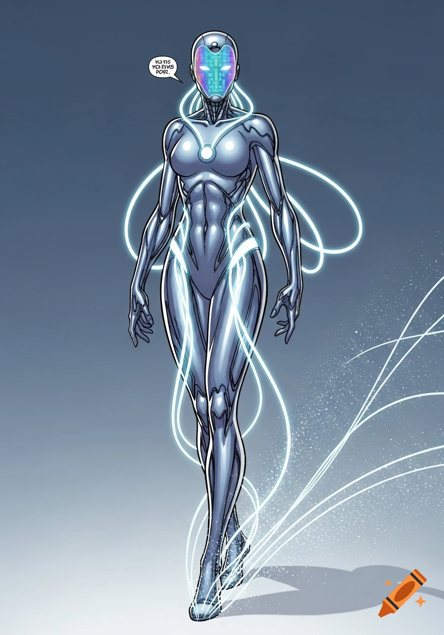 A humanoid robot with a sleek silver body, glowing blue lines, and a pixelated holographic face, in comic book style.