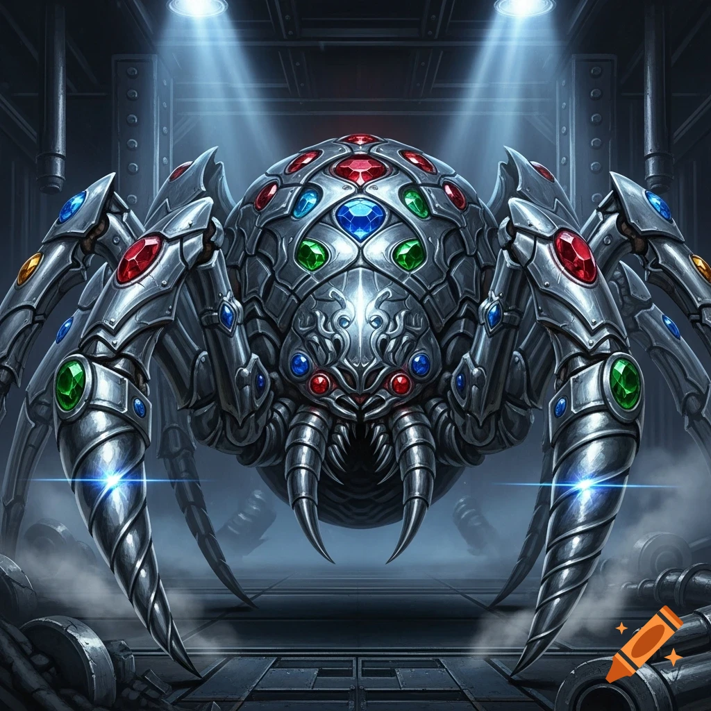 A metallic spider creature adorned with colorful gems and drill fangs in a dark, industrial setting.