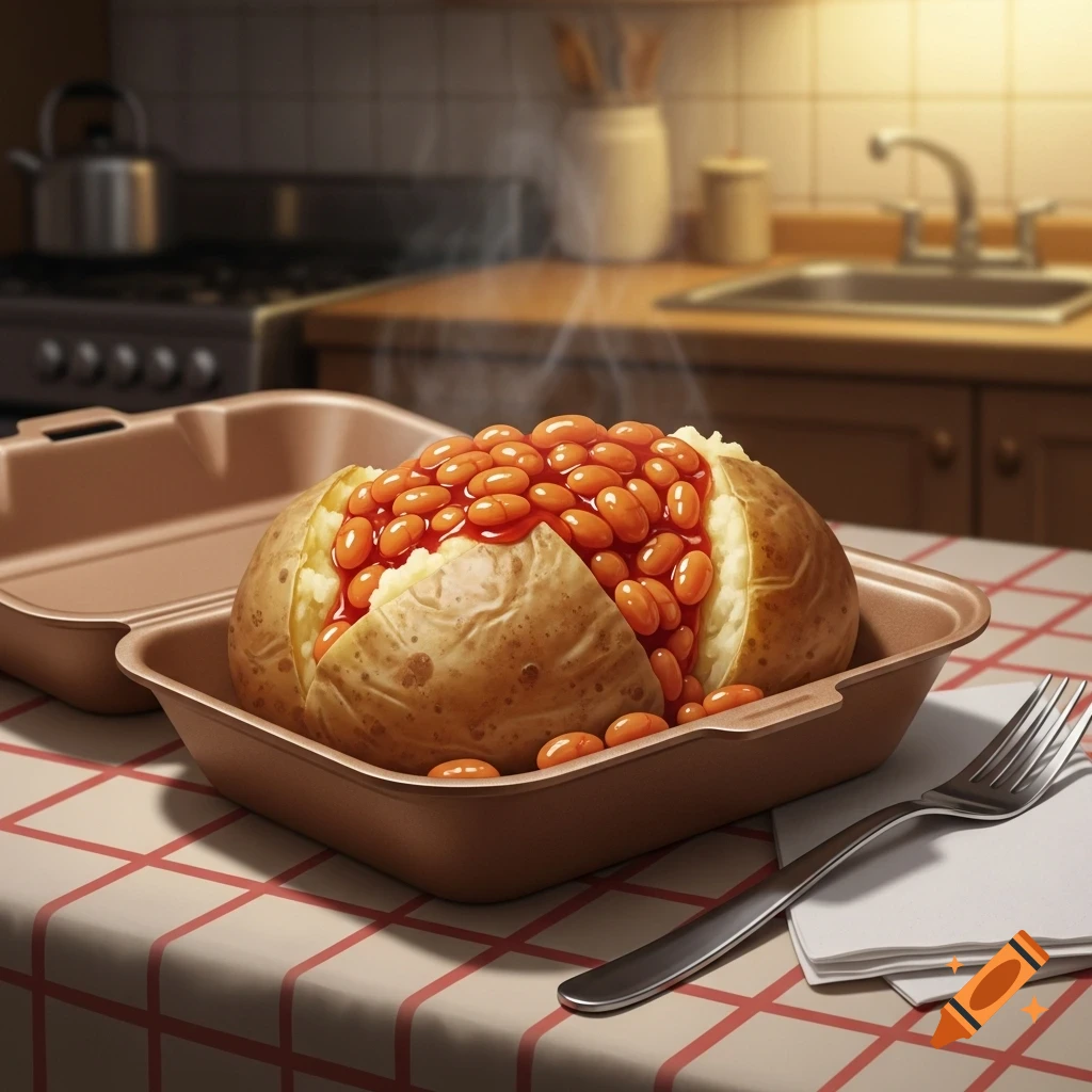 A steaming jacket potato filled with baked beans in a brown takeaway container on a checkered tablecloth in a kitchen.