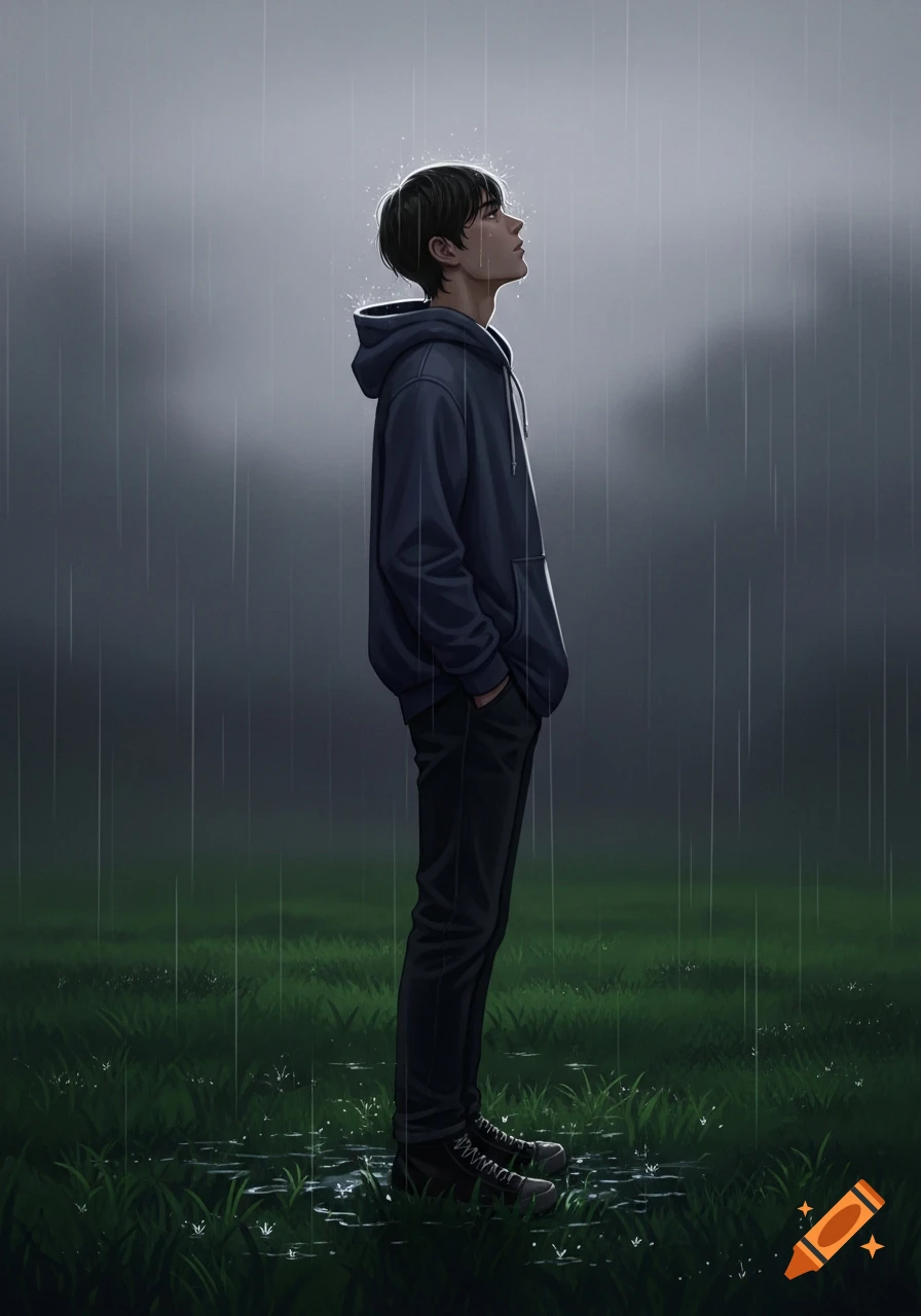 An illustration of a young man in a dark hoodie standing in a grassy ...