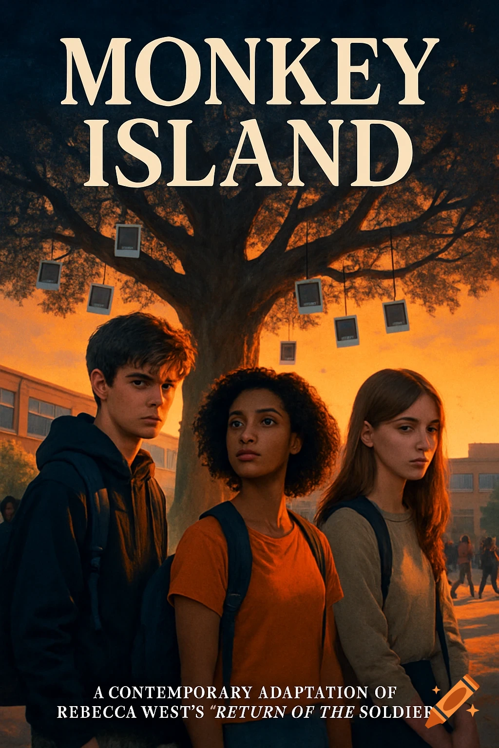 A movie poster showing three teenagers with serious expressions under a large tree against an orange sunset, with the title 'MONKEY ISLAND'.