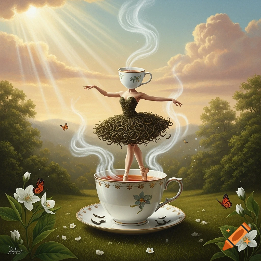 A surreal ballerina with a teacup head and a vine-like tutu dances en pointe in a large teacup in a lush, sunny landscape.