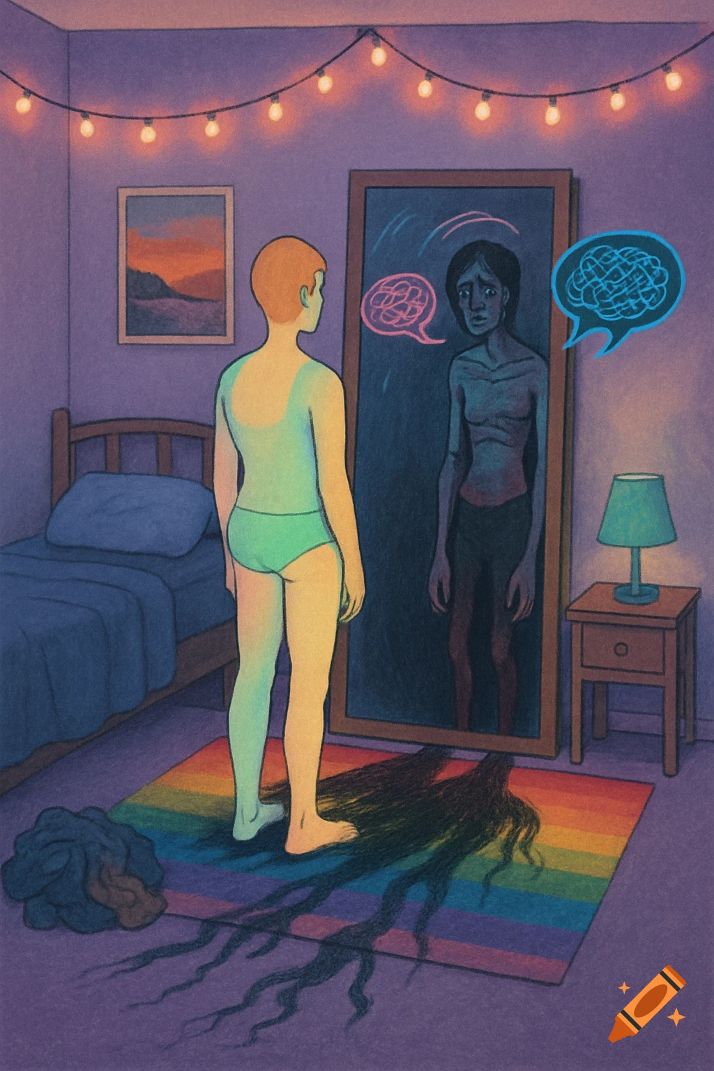 Illustration of a person in underwear looking at an emaciated reflection in a mirror, symbolizing body dissatisfaction and mental health in a bedroom.
