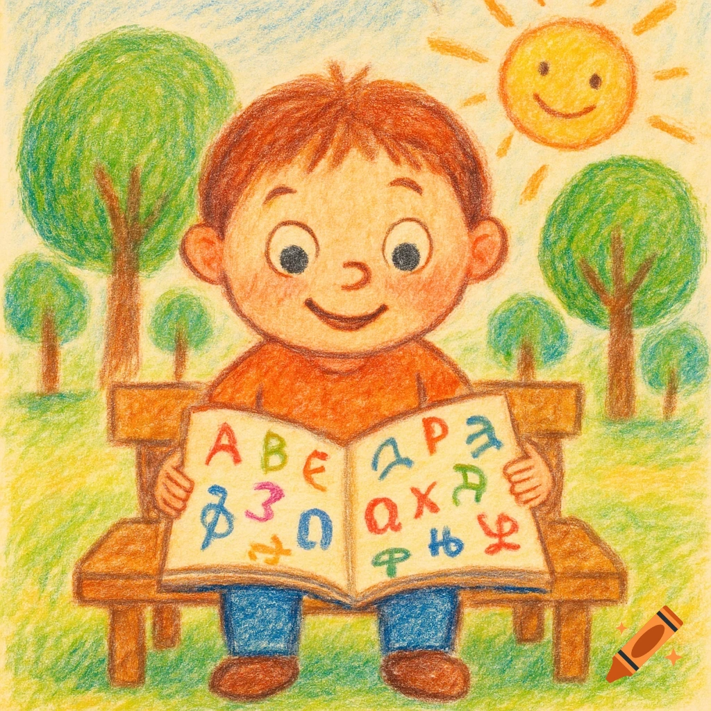 A childlike colored pencil drawing of a happy child with red hair sitting on a bench in a park, reading a book with colorful letters. Sun and trees in the background.