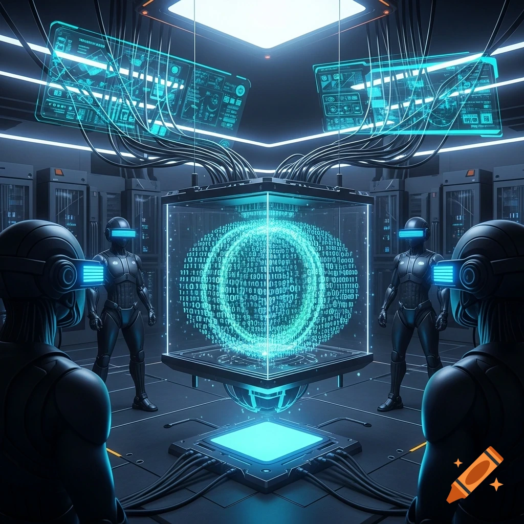 Four humanoid figures in a futuristic data center observe a glowing cube containing swirling binary code and holographic screens.
