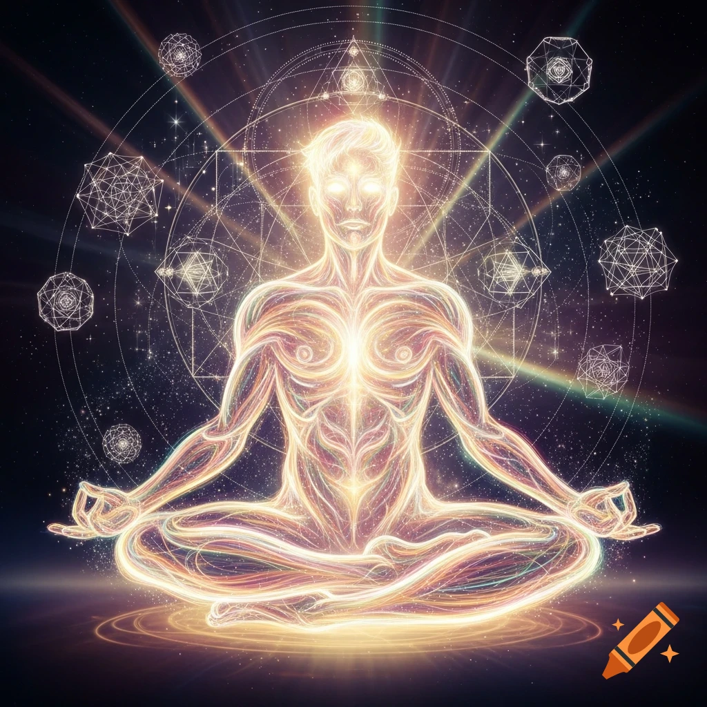 A glowing, ethereal being sits in a meditation pose, surrounded by geometric light codes and a starry cosmic background in a mystical digital painting.