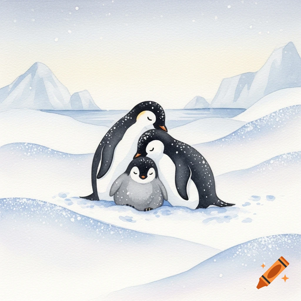 A watercolor painting shows two adult penguins cuddling a chick in a snowy landscape with distant icebergs.