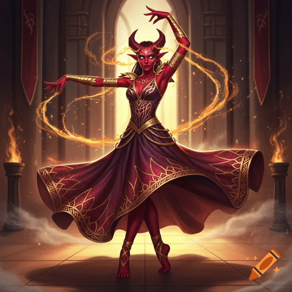 A red-skinned, horned fantasy dancer in a flowing red and gold dress performs with fiery ribbons in a torch-lit hall.