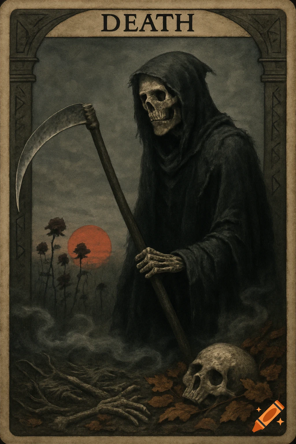 A dark, gothic tarot card titled 'DEATH' featuring a skeletal Grim Reaper with a scythe, surrounded by fog, skulls, bones, and wilting roses under a red sun.