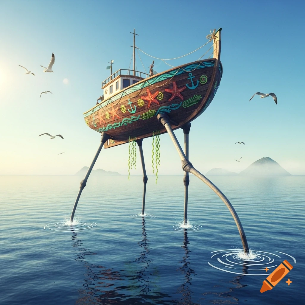 A whimsical wooden boat with colorful starfish and anchor designs stands on long, slender legs in a calm blue sea, with seagulls flying.