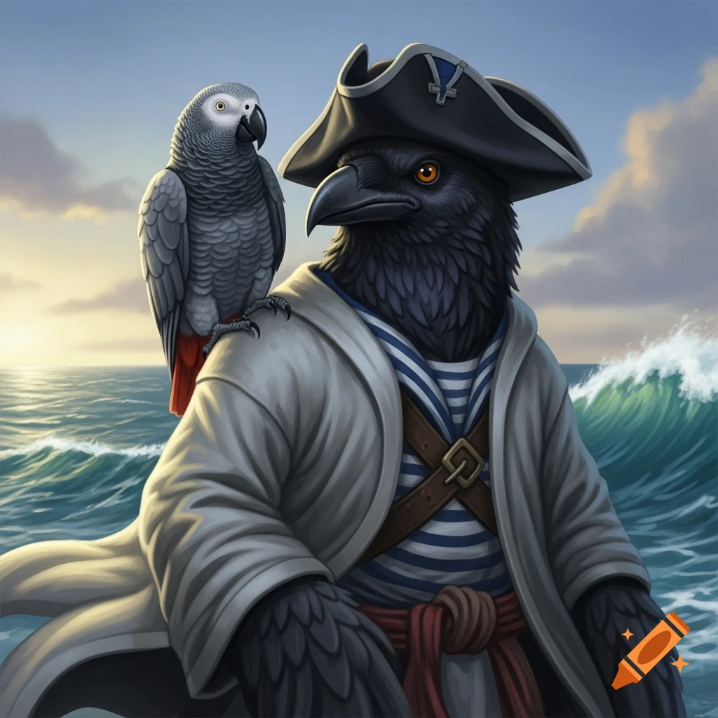 A fantasy illustration of a raven-man pirate wearing a tricorn hat and a white coat, with an African grey parrot perched on his shoulder, against an ocean backdrop with waves.