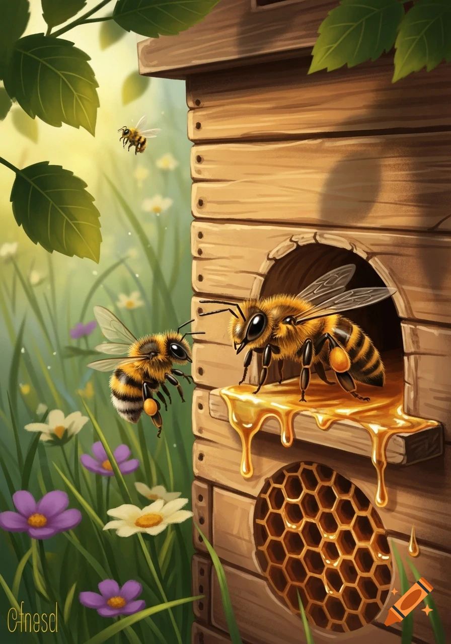 Two cartoon bees near a wooden beehive dripping honey, surrounded by green grass and colorful flowers in a sunny illustration.