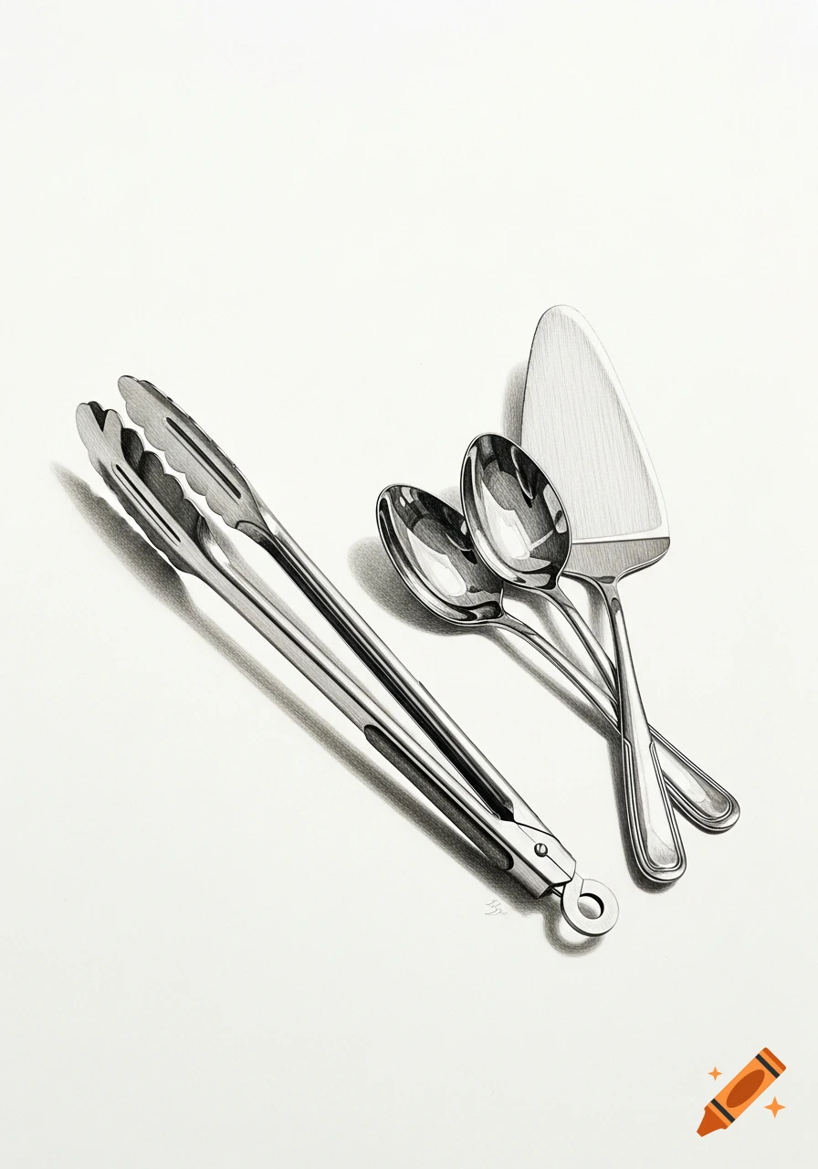 A monochrome drawing of barbecue tongs, two spoons, and a cake lifter on a white background, in a still life arrangement.