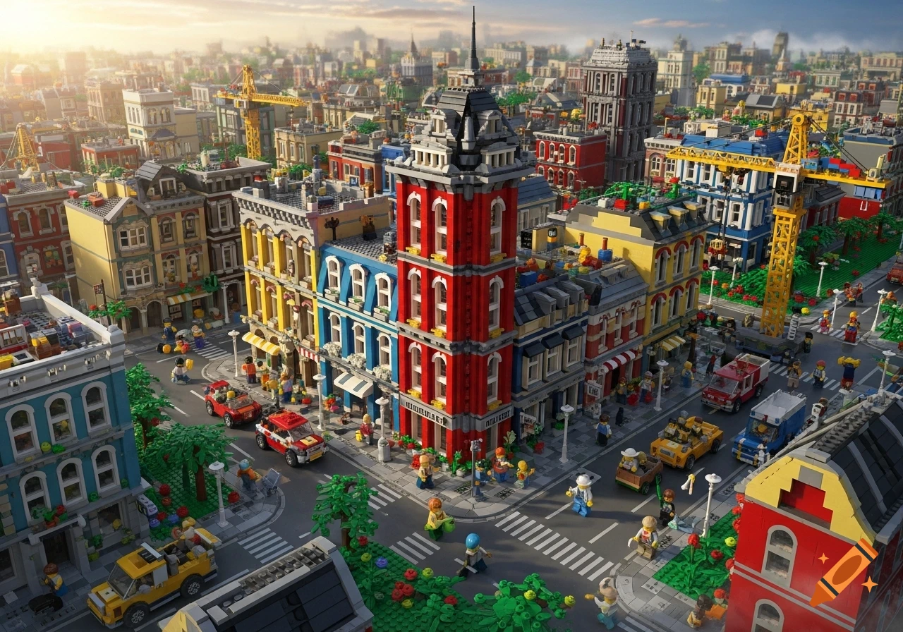 An aerial view of a vibrant, detailed Lego city at sunset, featuring numerous colorful buildings, busy streets with vehicles and minifigures, and construction cranes.