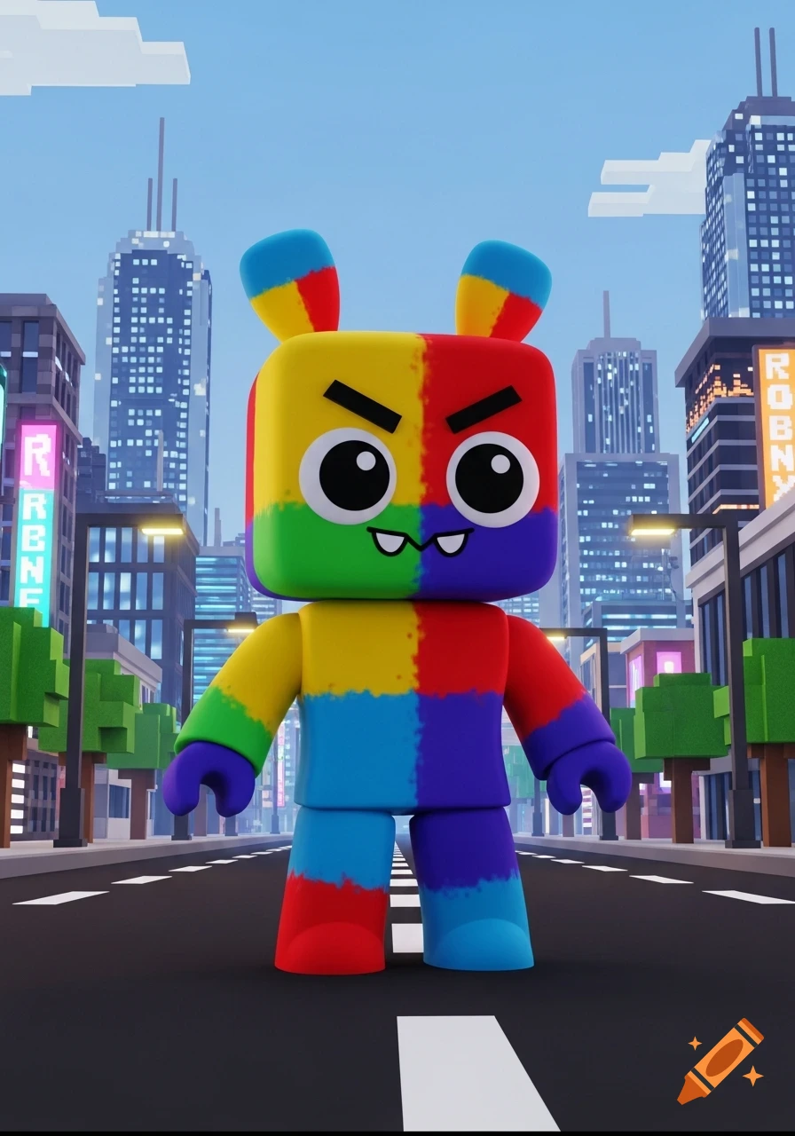 A large, blocky, multi-colored character with an angry expression stands on a city street, surrounded by pixelated skyscrapers and clouds.