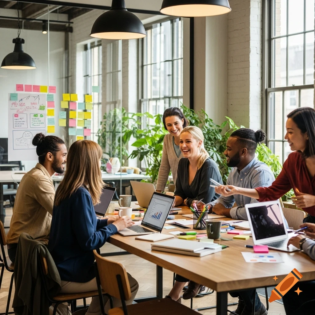 Diverse professionals collaborate around a table with laptops in a bright, modern office.