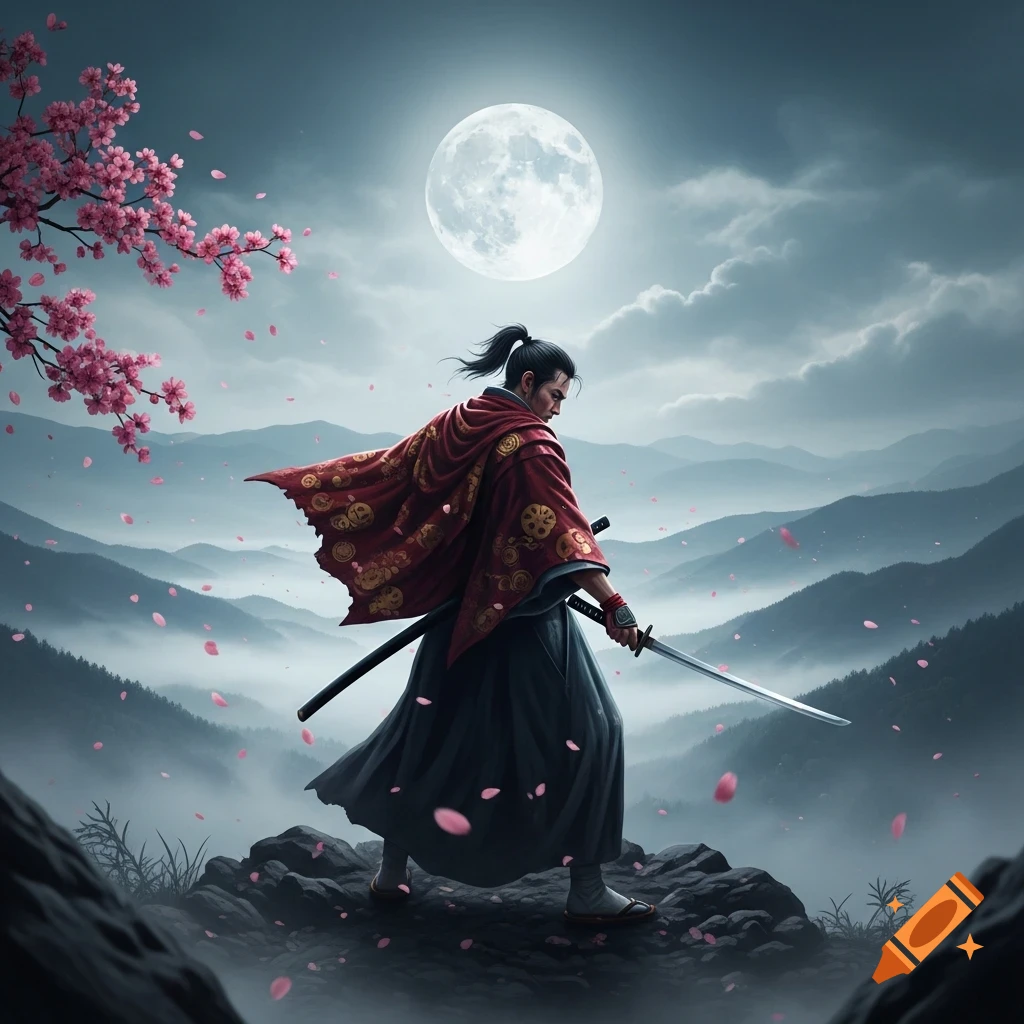 A samurai in a red robe stands on a rocky mountain, sword in hand, under a full moon with pink cherry blossoms.