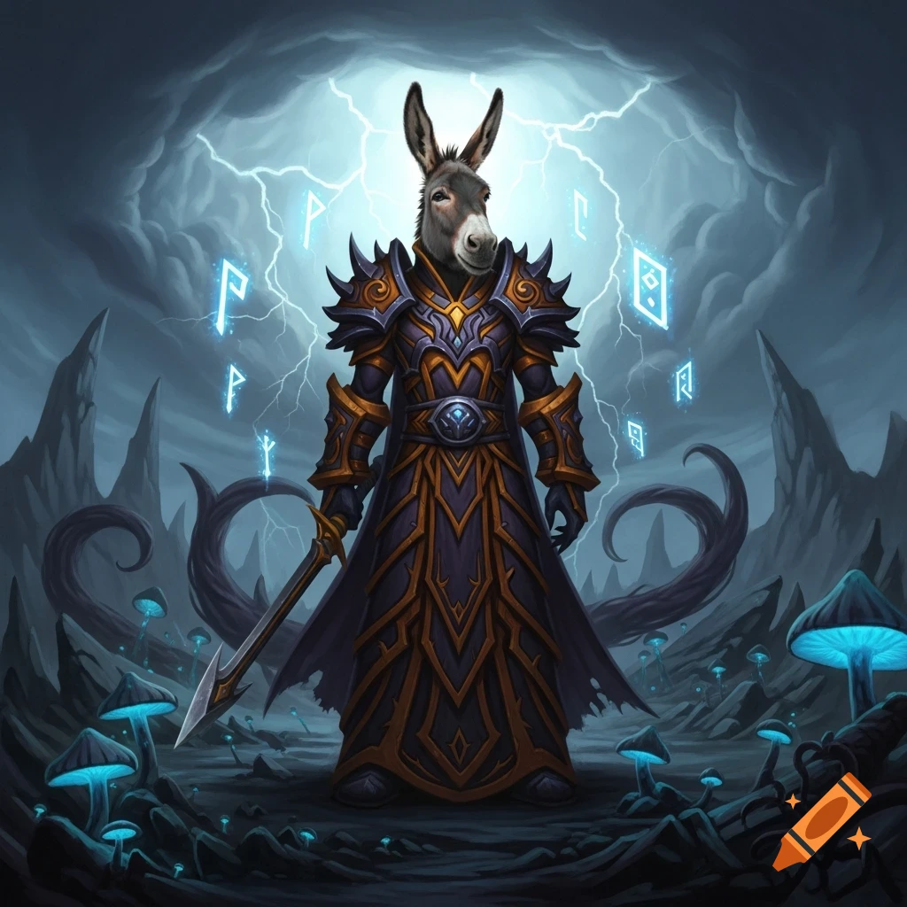 A fantasy warlock character with a donkey head, clad in ornate purple and gold armor, holding a spear. Glowing blue runes float around him, with lightning in a dark, cloudy sky and bioluminescent mushrooms on the ground.