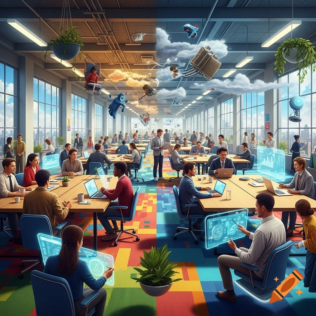 A long office split into realistic and unrealistic halves, with many people working at desks, some using holographic screens. Floating objects and clouds appear on the unrealistic side.
