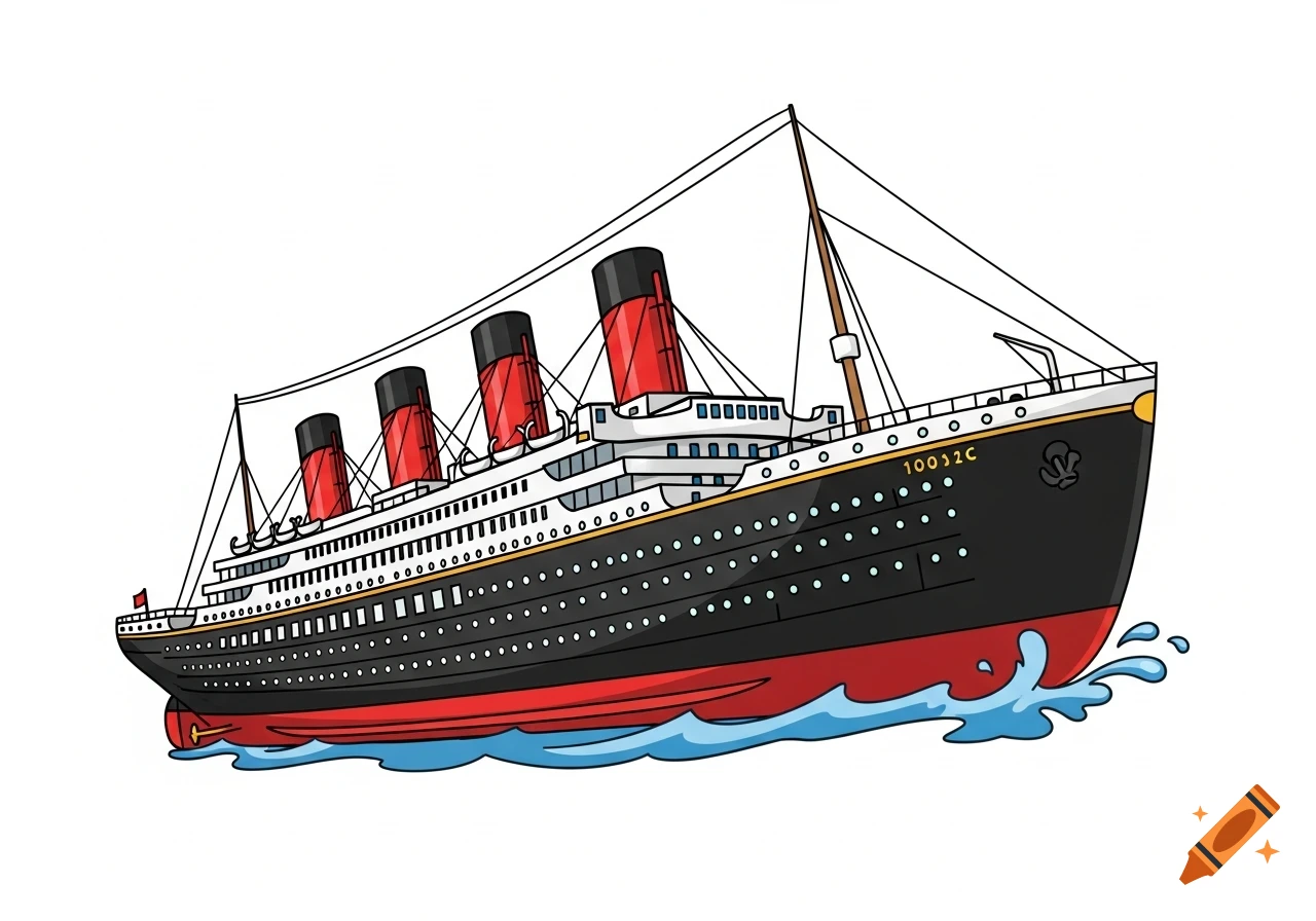 Cartoon illustration of a large passenger ship, resembling the Titanic, with a black hull and red funnels, seen from the side in blue water.
