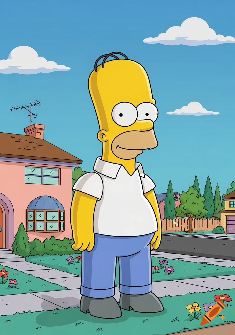 Homer Simpson, a yellow cartoon man with a white polo shirt and blue pants, stands in front of his pink house under a blue sky.