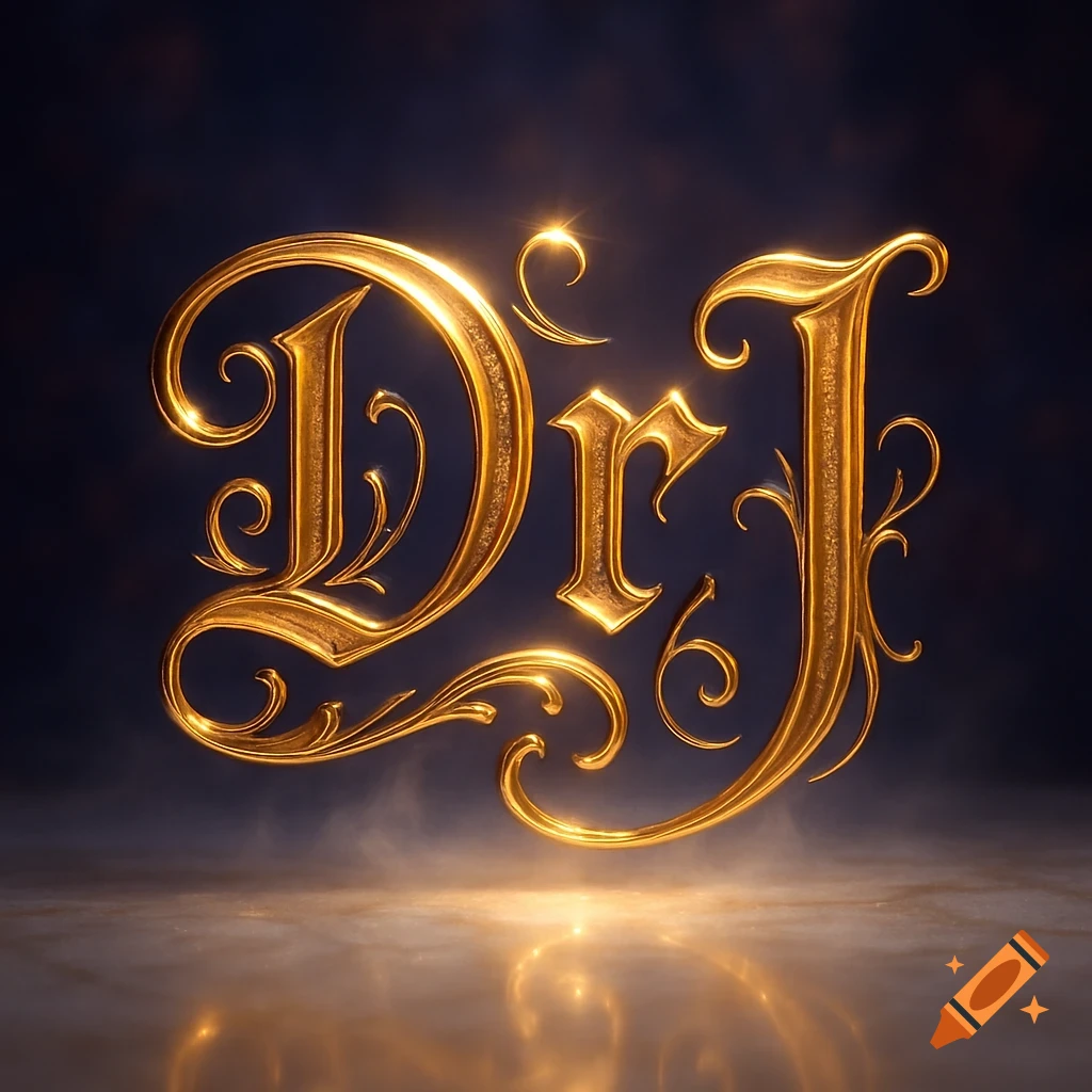 Ornate, shiny golden letters 'DrJ' with decorative flourishes, reflecting on a smoky surface against a dark background.