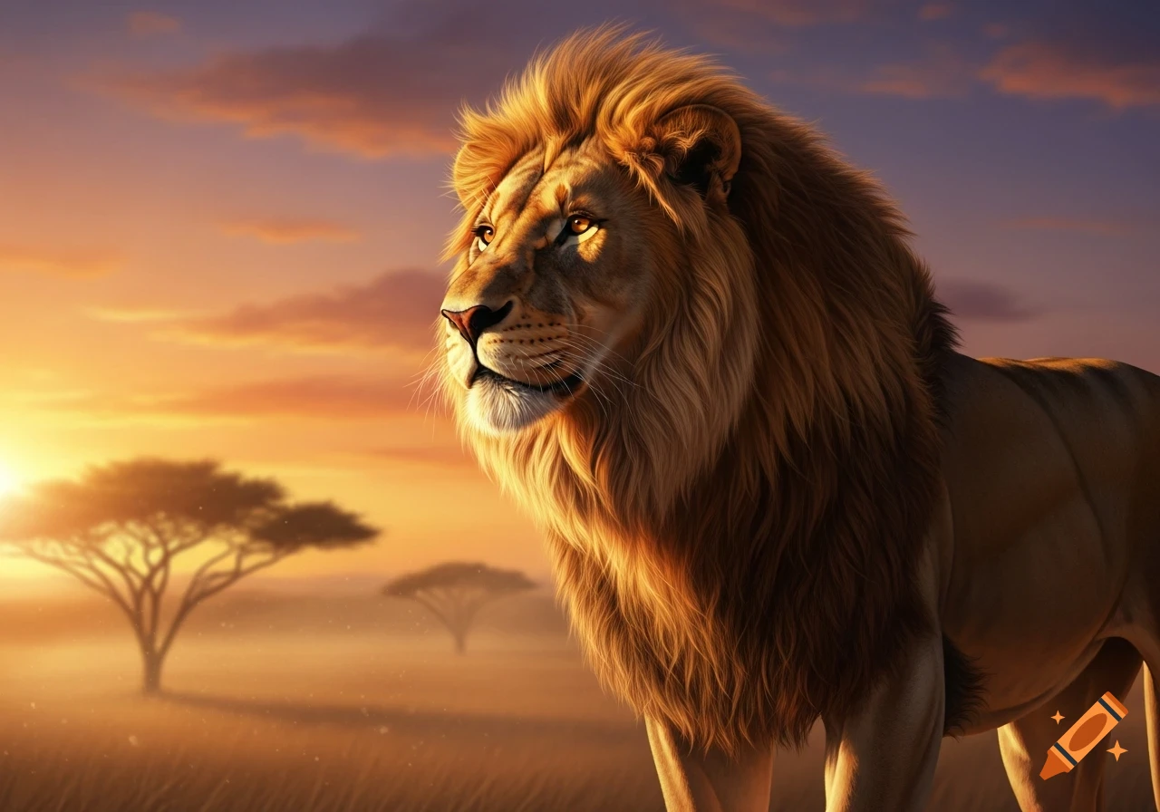 A majestic lion with a golden mane stands against a vibrant orange and purple sunset in a misty savanna with acacia trees. Photorealistic.