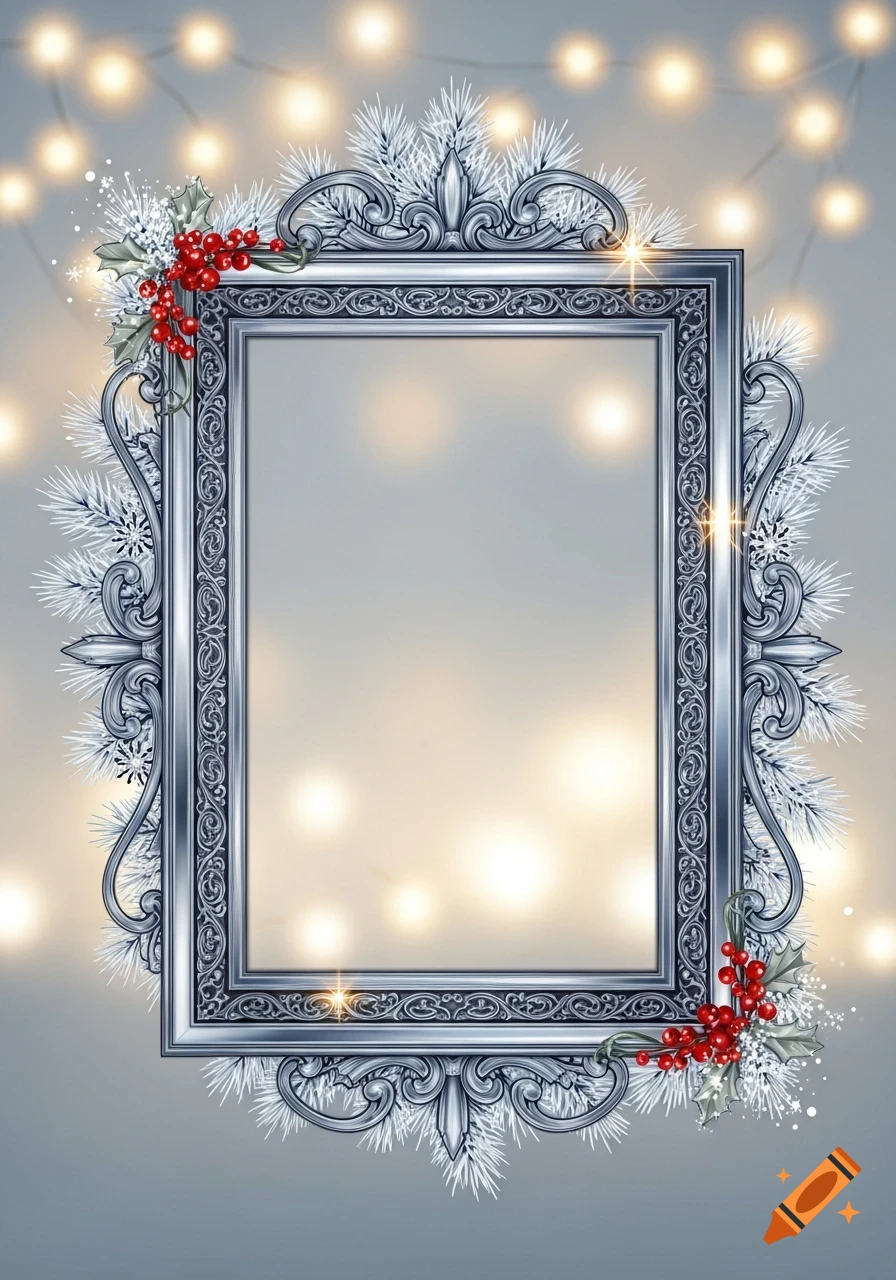 Ornate silver frame decorated with white pine needles, red holly berries, and snowflakes, set against a blurry background of warm string lights.