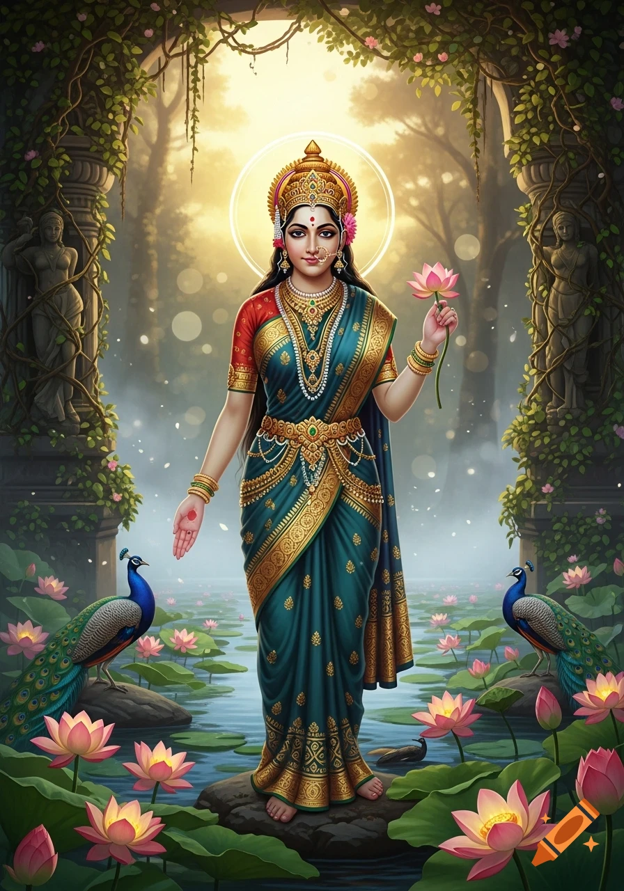 A richly adorned Ashoka Sundari stands in a lush garden with lotus flowers, peacocks, and ancient columns.