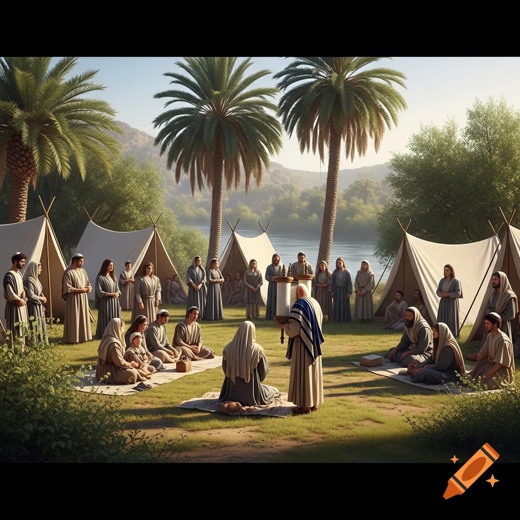A large group of ancient Israelites gathers in a grassy field with tents, palm trees, and a river in the background, listening to a man read from a scroll.