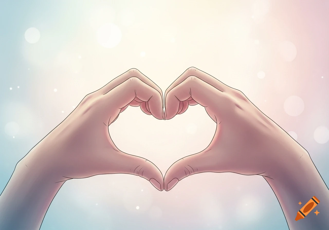Two hands form a heart shape against a soft, blurred background with bokeh lights in an illustration style.
