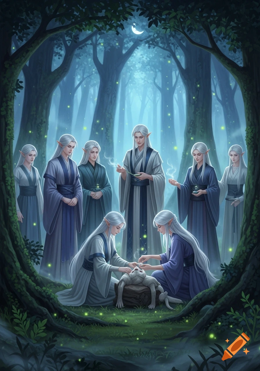 Fantasy digital painting of elves in a mystical forest, some tending to a small creature, with glowing orbs and a crescent moon.