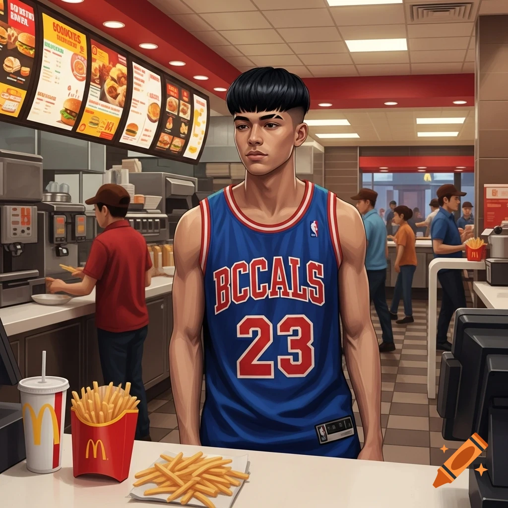 A person in a blue basketball jersey with 'BCCALS 23' stands in a McDonald's restaurant. Fries and a drink are on the counter.