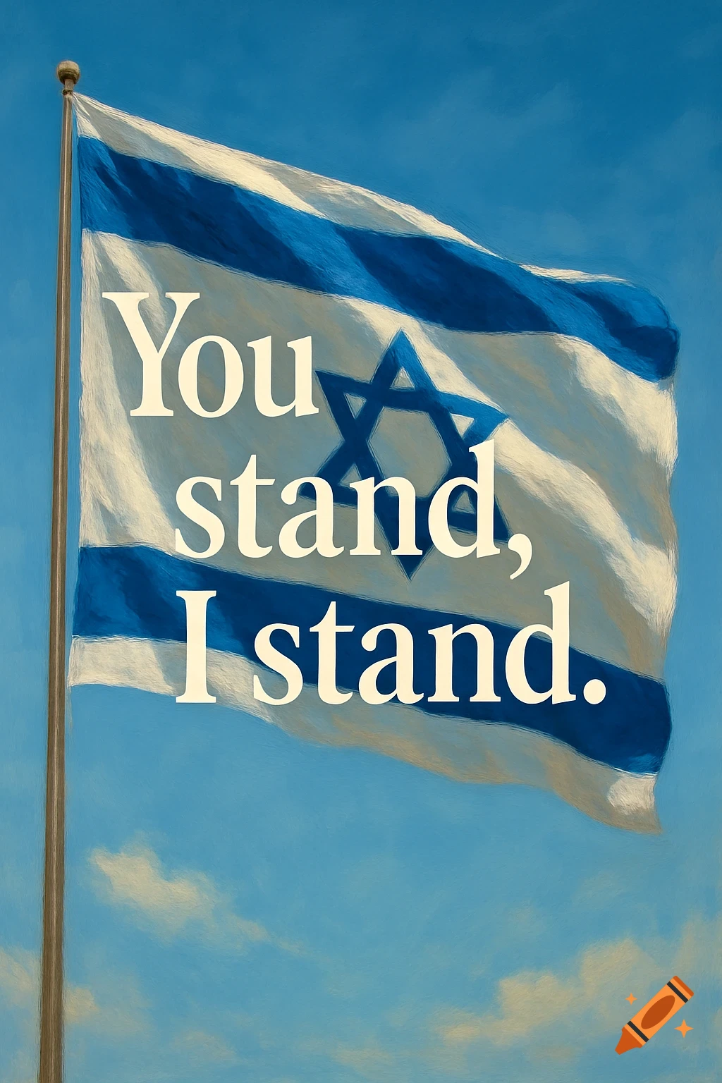 Israeli flag waving in the wind with the text 'You stand, I stand' over a blue sky.