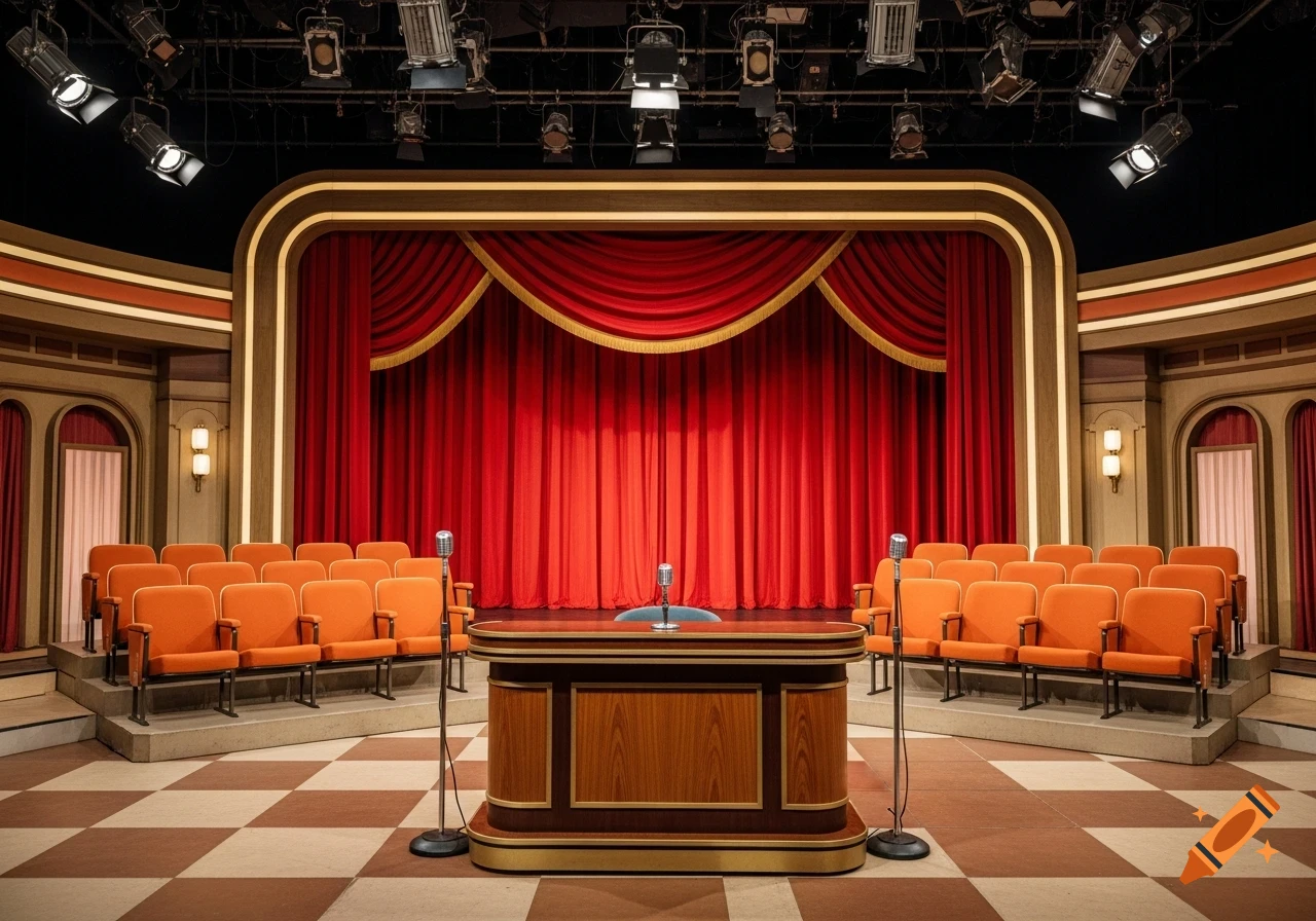 A photorealistic 1975 game show set with red curtains, orange tiered audience seating, a wooden host's desk, and three microphones.