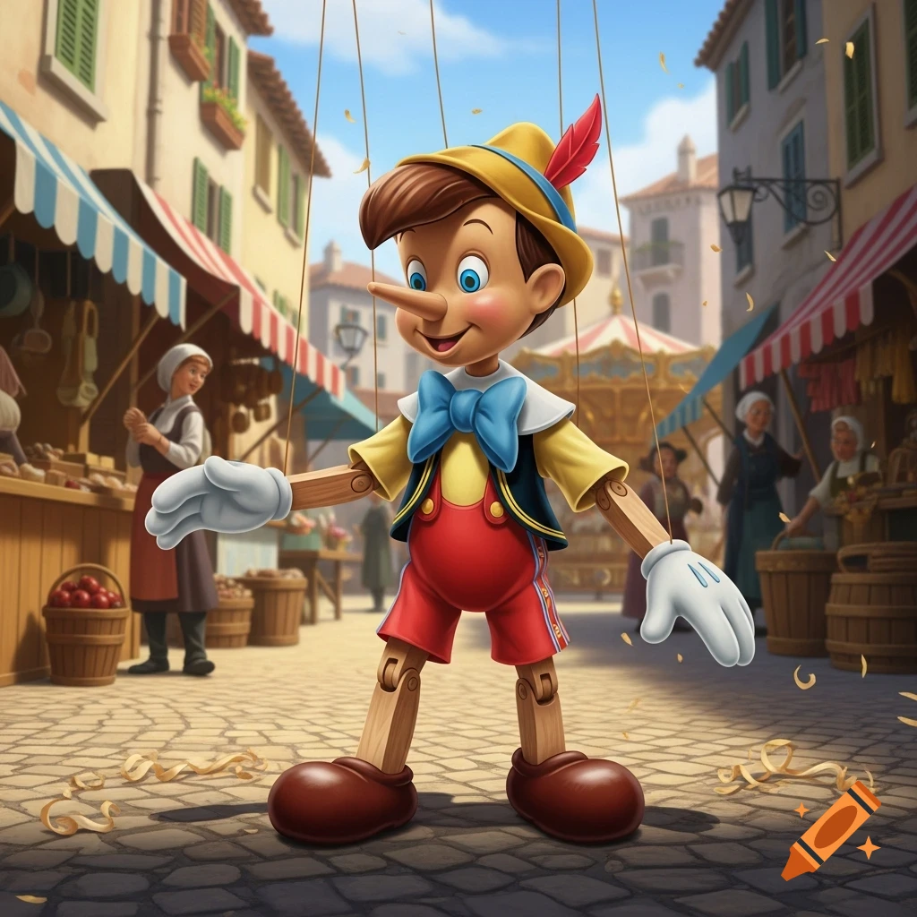 Pinocchio puppet stands in a bustling, sunlit market square, surrounded by stalls and people, in a bright cartoon style.