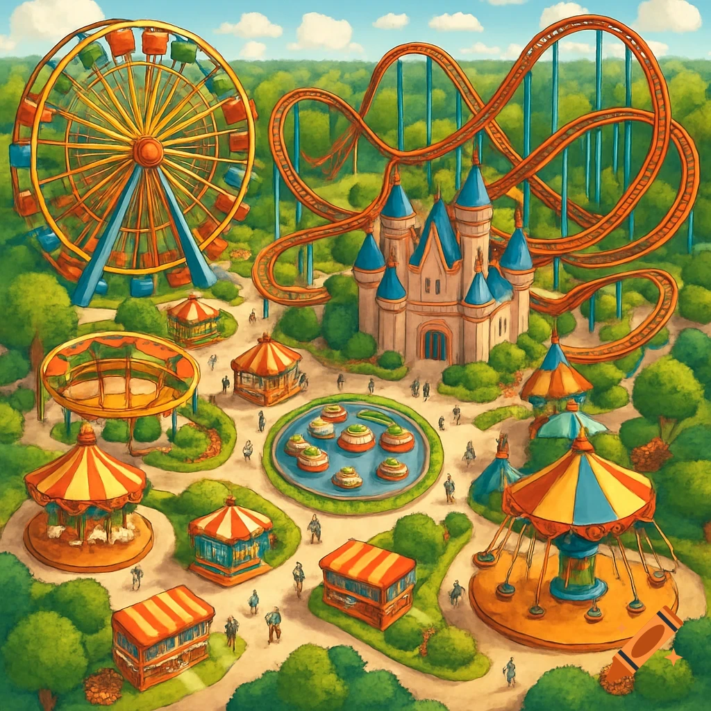 Aerial stylized illustration of a colorful amusement park with a Ferris wheel, roller coaster, castle, and various rides.