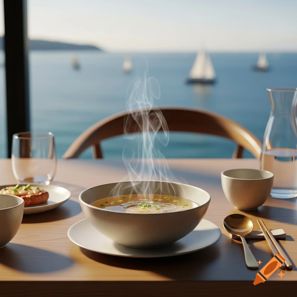 Steaming bowl of soup on a wooden table with chopsticks, a spoon, and a glass, overlooking a bright blue ocean with sailboats.