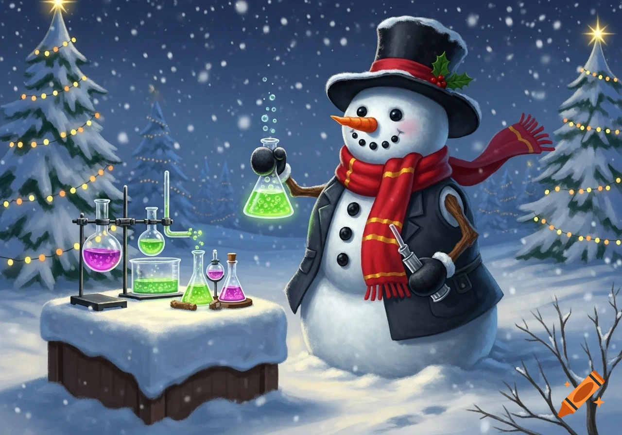 A festive snowman chemist in a top hat and scarf holds a bubbling green flask, surrounded by laboratory equipment and snowy Christmas trees at night.