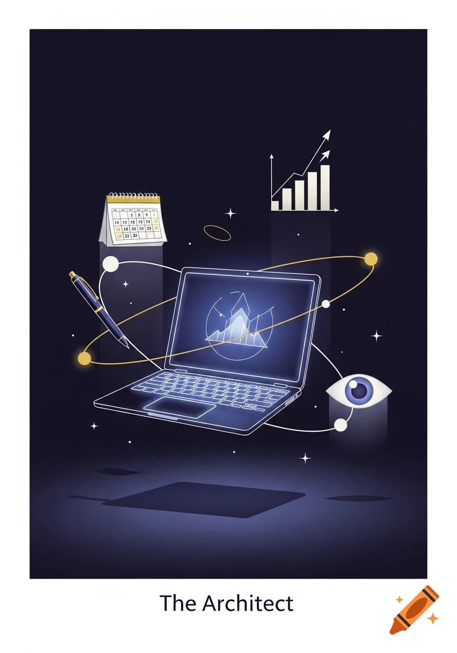 Modern minimalist illustration titled 'The Architect,' showing a neon-lit laptop floating with orbiting symbols of a pen, calendar, graph, and an eye on a dark background.