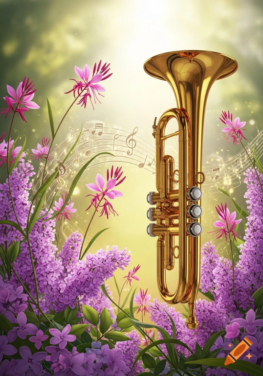 A golden trumpet is surrounded by vibrant purple lilac and pink fuchsia flowers, with musical notes gently floating in a bright, ethereal background.
