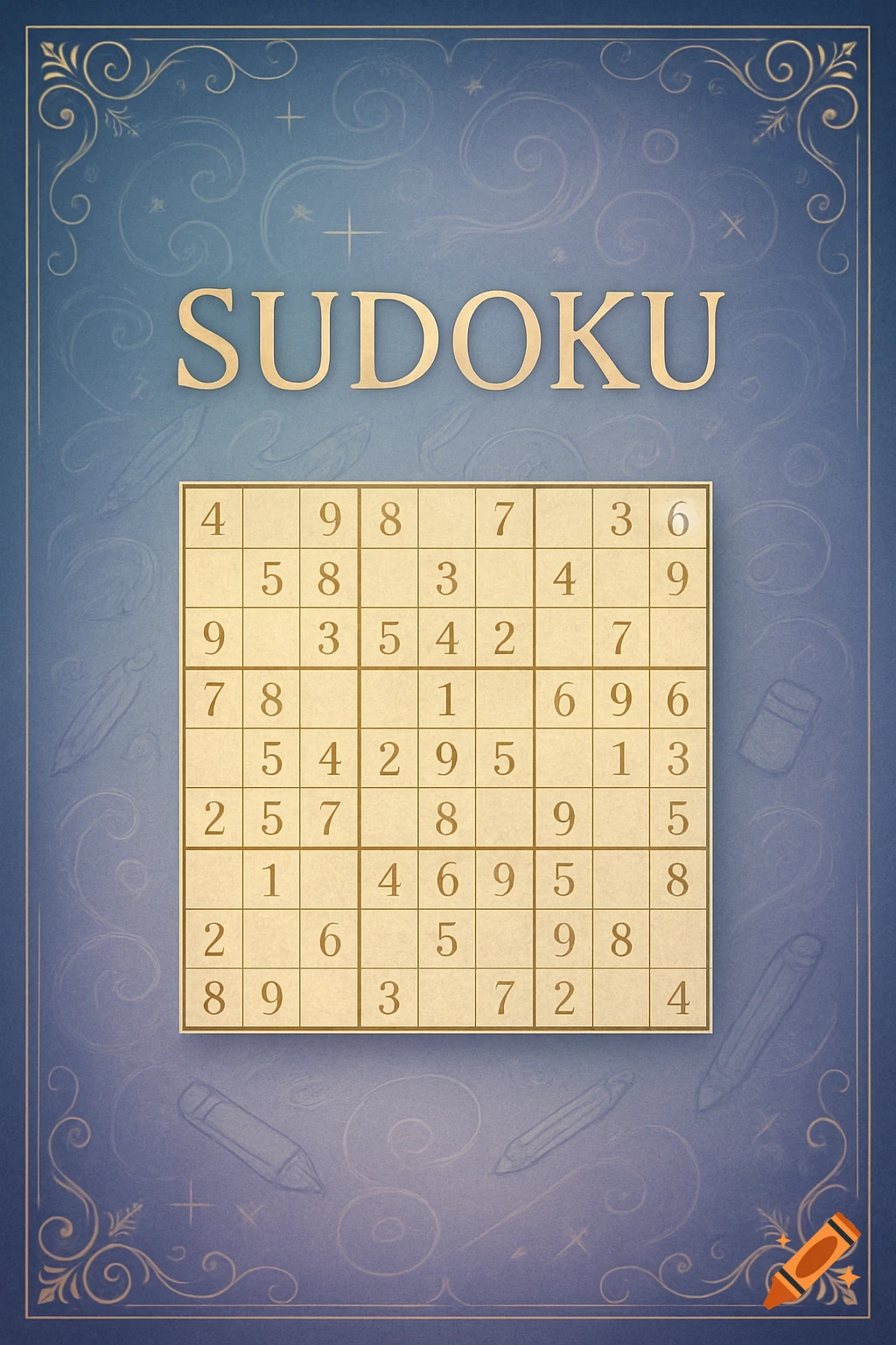 A decorative blue and gold cover for Sudoku puzzles, featuring a filled Sudoku grid and the word SUDOKU.