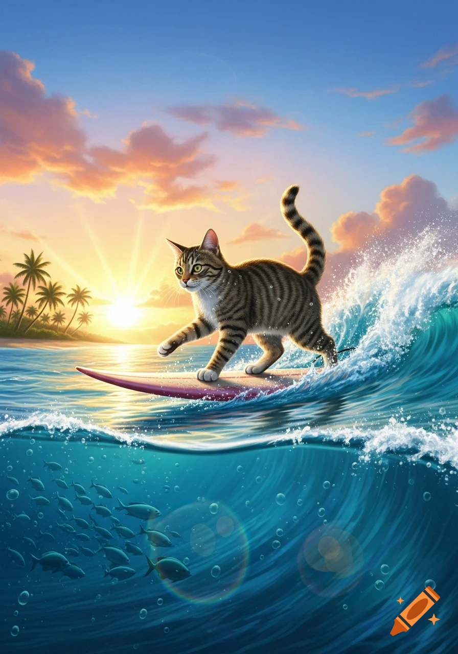 A tabby cat surfs on a pink surfboard on a tropical beach at sunset, with fish swimming below the ocean surface.
